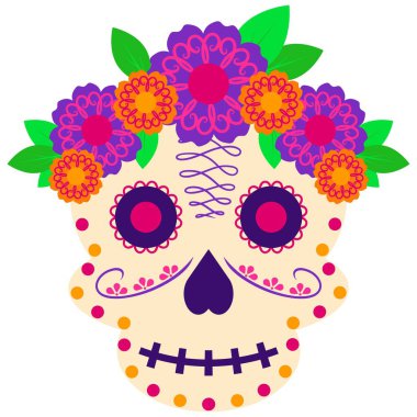 Renkli Dia de Muertos şeker kafatası. Çiçekler ve süslemelerle süslenmiş. Şeffaf arkaplanda Meksika Ölüler Günü resmi var. Çıkartmalar, tişörtler, posterler, davetiyeler, tebrik kartları, hatıra defteri, sosyal medya paylaşımları için mükemmel.