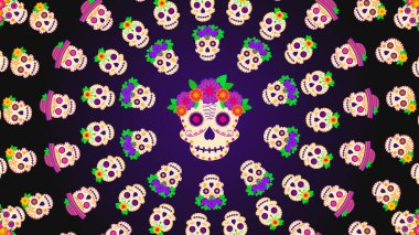 Festivalsel Dia de Muertos posterinin arka planında merkez kafatası etrafına yerleştirilmiş renkli şeker kafatasları var. Meksika Ölüler Günü. Çiçekler, sombrerolar ve geleneksel süslemelerle süslenmiş. Afişler, posterler, el ilanları, davetiyeler için mükemmel.