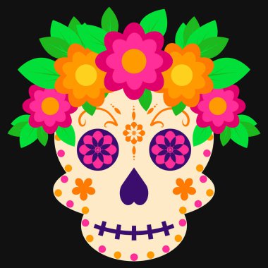 Renkli Dia de Muertos şeker kafatası. Çiçekler ve süslemelerle süslenmiş. Geleneksel Meksika Ölüler Günü etiketler, posterler, tişörtler, davetiyeler, tebrik kartları, sosyal medya paylaşımları ve tatil tasarım projeleri için mükemmel bir illüstrasyon..