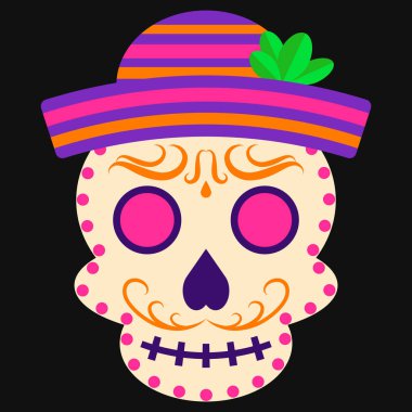 Geleneksel sombrero giyen renkli Dia de Muertos şeker kafatası. Meksika Ölüler Günü, parlak süslemelerle. Çıkartmalar, posterler, tişörtler, davetiyeler, tebrik kartları, sosyal medya paylaşımları ve tatil tasarım projeleri için mükemmel..