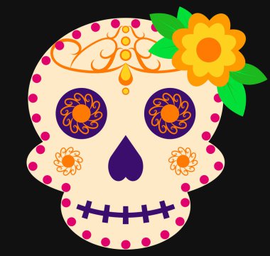 Renkli Dia de Muertos şeker kafatası. Çiçekler ve süslemelerle süslenmiş. Geleneksel Meksika Ölüler Günü etiketler, posterler, tişörtler, davetiyeler, tebrik kartları, sosyal medya paylaşımları ve tatil tasarım projeleri için mükemmel bir illüstrasyon..