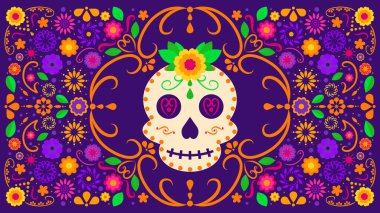 Şekerli kafatası, kadife çiçekleri, dekoratif süsler ve Meksika desenli renkli Dia de Muertos yatay posteri. Ölüler Günü afiş ilanı sosyal medya kapakları, posterler, davetiyeler, el ilanları, tebrik kartları ve