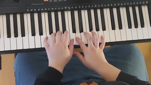 Female Pianist Practicing Synthesizer Home — Stockvideo