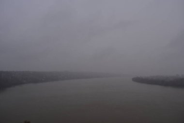 Danube river on a winter, rainy, foggy day 