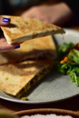 Detail of a vegan burrito and quesadilla with avocado on a fancy plates in a restaurant