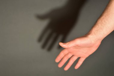 Hand showing palm hand with shadow on a gray background 