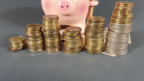 Piggy Τράπεζα Και Κέρματα Που Αντιπροσωπεύουν Την Ανάπτυξη Της Οικονομίας — Αρχείο Βίντεο