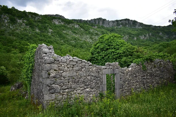 山上被灌木丛覆盖的一座旧石屋的废墟 — 图库照片