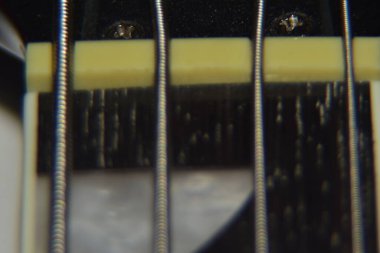 Bas gitar tellerini kapat. Enstrümanın aşırı makro çekimi kalın, bas gitarın metal telleri.