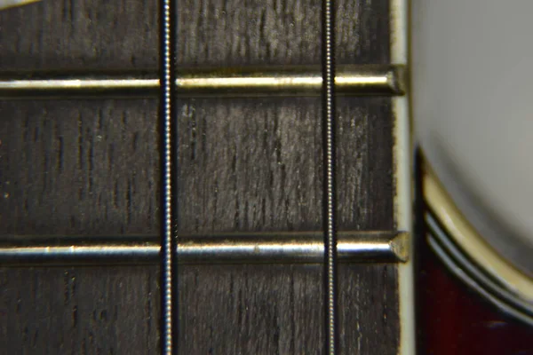 Close Cordas Guitarra Baixo Macro Tiro Extremo Instrumento Grosso Cordas — Fotografia de Stock