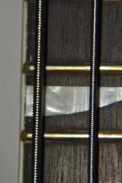 Close Cordas Guitarra Baixo Macro Tiro Extremo Instrumento Grosso Cordas — Fotografia de Stock