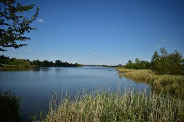 Yazın büyük nehir manzarası. Güneşli bir günde manzara manzara arka planı.