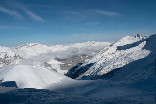 Hintertux Gletsjerpanorama Een Zonnige Winterdag Snowy Achtergrond Panorama Witte Winter — Stockfoto