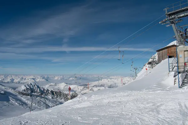 Panorama Lodowca Hintertux Słoneczny Zimowy Dzień Śnieżne Tło Panorama Białe — Zdjęcie stockowe