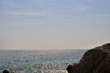 Kayalık sahilde deniz dalgası sıçradı. Okyanus dalgaları kayalara çarpıyor. Güneşli bir gün doğa arka plan fotoğrafçılığı.