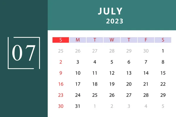 Temmuz 2023 Takvim Şablonu Vektör Llüstrasyonu — Stok Vektör