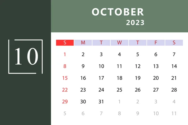 Oktober Kalender Template Vector Illustratie — Stockvector