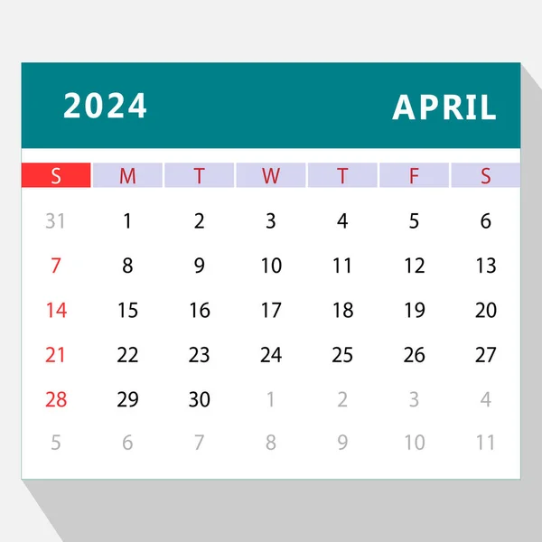 Modèle Calendrier Avril 2024 Conception Vectorielle — Image vectorielle