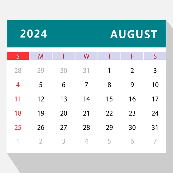 Ağustos 2024 Takvim Şablonu Vektör Tasarımı — Stok Vektör