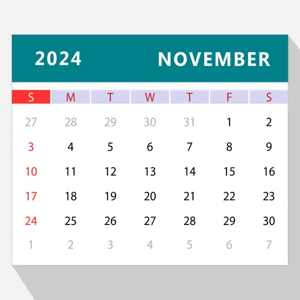 Novembre 2024 Modèle Calendrier Conception Vectorielle — Image vectorielle