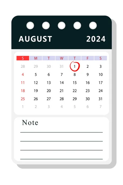 August 2024 Note Calendar Template Vector Design — Stok Vektör