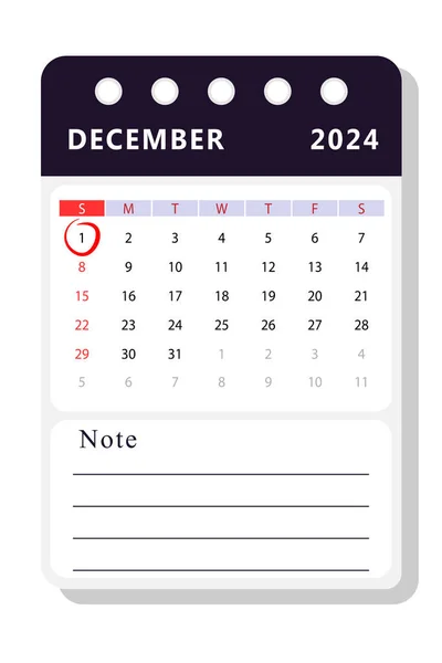 December 2024 Note Calendar Template Vector Design — Vetor de Stock
