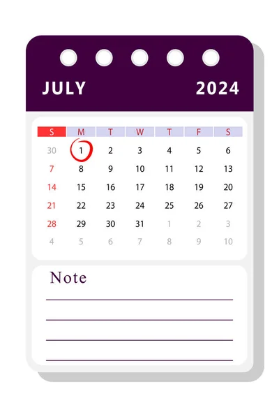 July 2024 Note Calendar Template Vector Design — Stok Vektör