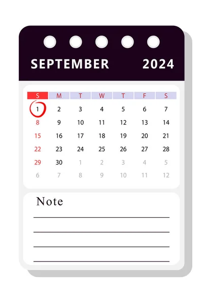 September 2024 Note Calendar Template Vector Design — Stock Vector