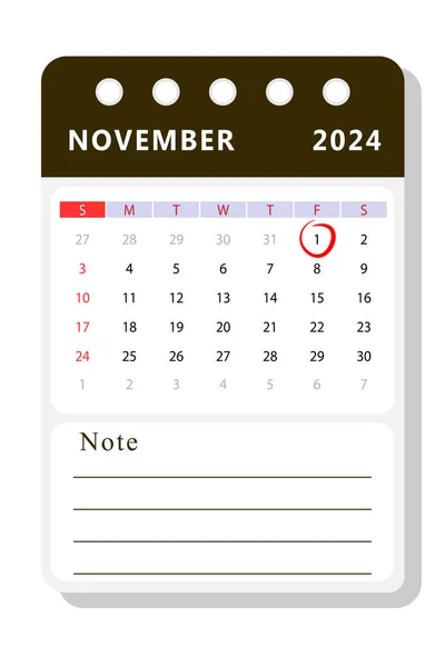 November 2024 Note Calendar Template Vector Design — Vetor de Stock
