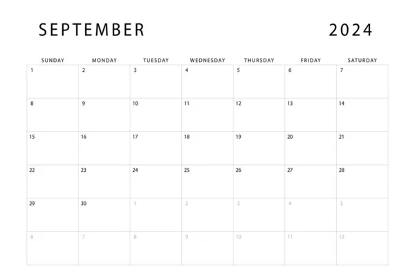 September 2024 Kalender Maandelijkse Planner Template Zondag Beginnen Vectorontwerp — Stockvector