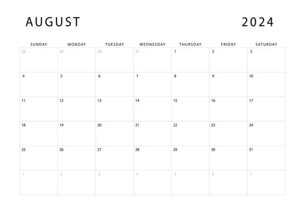 Calendario Agosto 2024 Plantilla Planificador Mensual Domingo Empieza Diseño Vectorial — Vector de stock