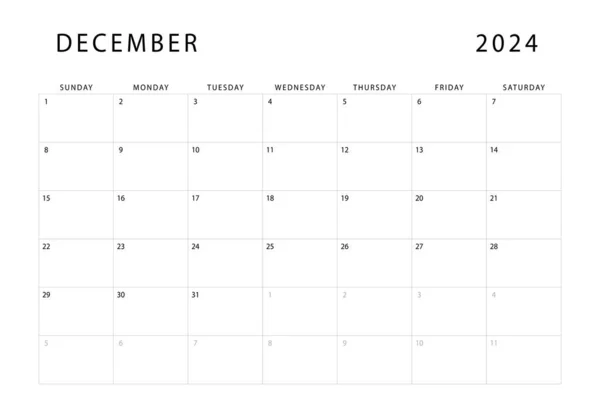 Calendario Diciembre 2024 Plantilla Planificador Mensual Domingo Empieza Diseño Vectorial — Archivo Imágenes Vectoriales