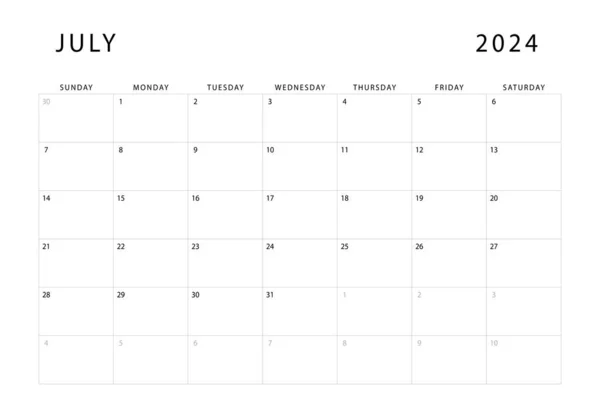 Juli 2024 Kalender Maandelijkse Planner Template Zondag Beginnen Vectorontwerp — Stockvector