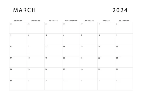 3月2024日 カレンダー 月間プランナーテンプレート 日曜スタート ベクトルデザイン — ストックベクタ