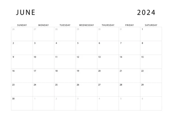 Juni 2024 Kalender Maandelijkse Planner Template Zondag Beginnen Vectorontwerp — Stockvector