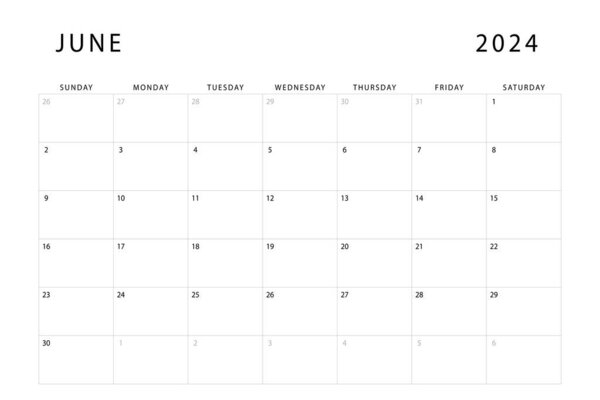 Calendario Junio 2024 Plantilla Planificador Mensual Domingo Empieza Diseño Vectorial — Vector de stock