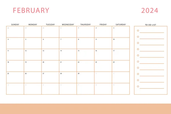2024年2月日历 每月计划模板 周日开始矢量设计 — 图库矢量图片