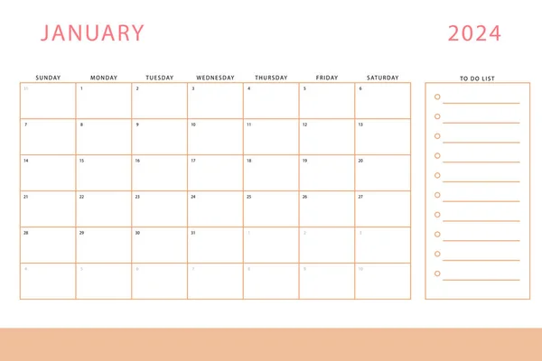 2024年1月日历 每月计划模板 周日开始矢量设计 — 图库矢量图片