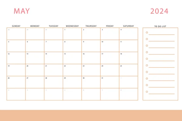 2024年5月 每月计划模板 周日开始矢量设计 — 图库矢量图片
