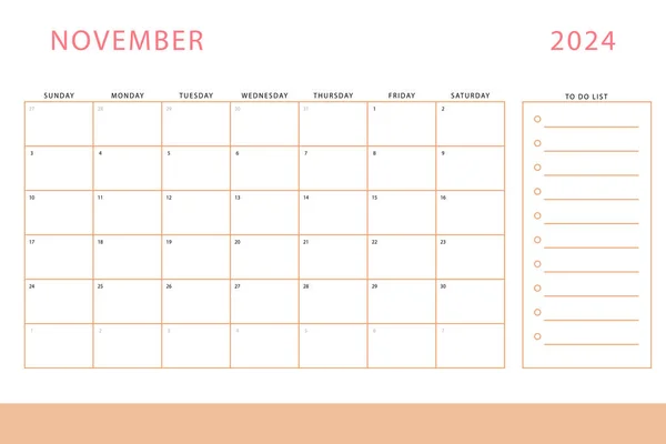 2024年11月日历 每月计划模板 周日开始矢量设计 — 图库矢量图片