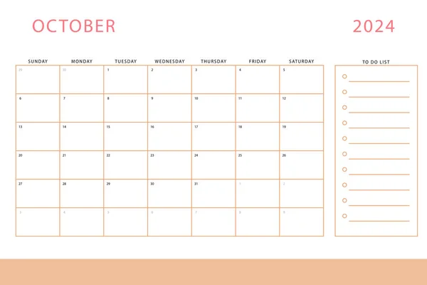 Octubre 2024 Calendario Plantilla Planificador Mensual Domingo Empieza Diseño Vectorial — Vector de stock