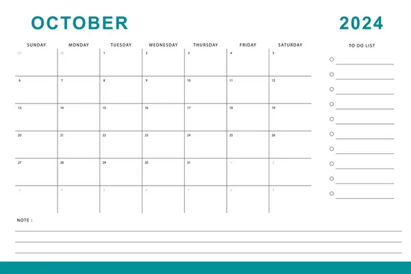 2024年10月日历 每月计划模板 周日开始矢量设计 — 图库矢量图片