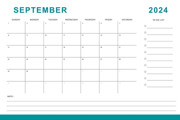 2024年9月日历 每月计划模板 周日开始矢量设计 — 图库矢量图片