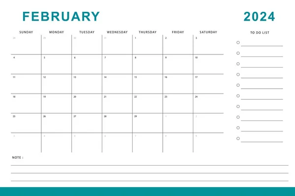 Luty 2024 Kalendarz Miesięczny Szablon Planera Niedzielny Początek Konstrukcja Wektora — Wektor stockowy