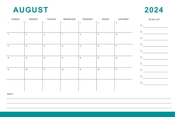 2024年8月日历 每月计划模板 周日开始矢量设计 — 图库矢量图片