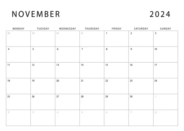 11月2024日 カレンダー 月曜スタート 月間プランナーテンプレート ベクトルデザイン — ストックベクタ