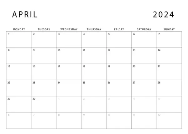 April 2024 Kalender Montag Geht Los Monatliche Planervorlage Vektordesign — Stockvektor