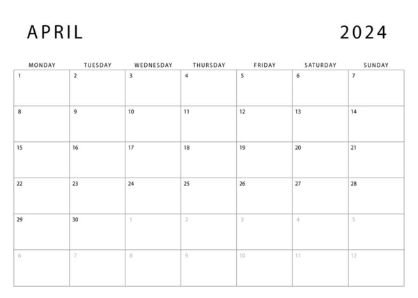 Calendario Abril 2024 Lunes Inicio Plantilla Planificador Mensual Diseño Vectorial — Vector de stock