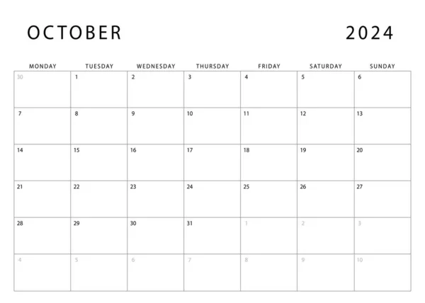 10月2024日 カレンダー 月曜スタート 月間プランナーテンプレート ベクトルデザイン — ストックベクタ