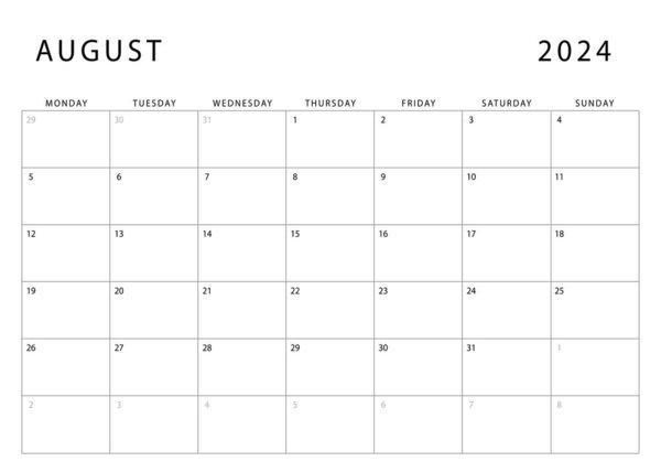 Calendario Agosto 2024 Lunes Inicio Plantilla Planificador Mensual Diseño Vectorial — Vector de stock
